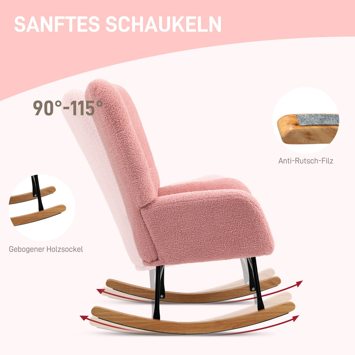 Rocking chair, rocking chair with armrests, teddy velvet look, relaxation chair with wooden runners, swing chair, nursing chair for bedroom, living room, pink