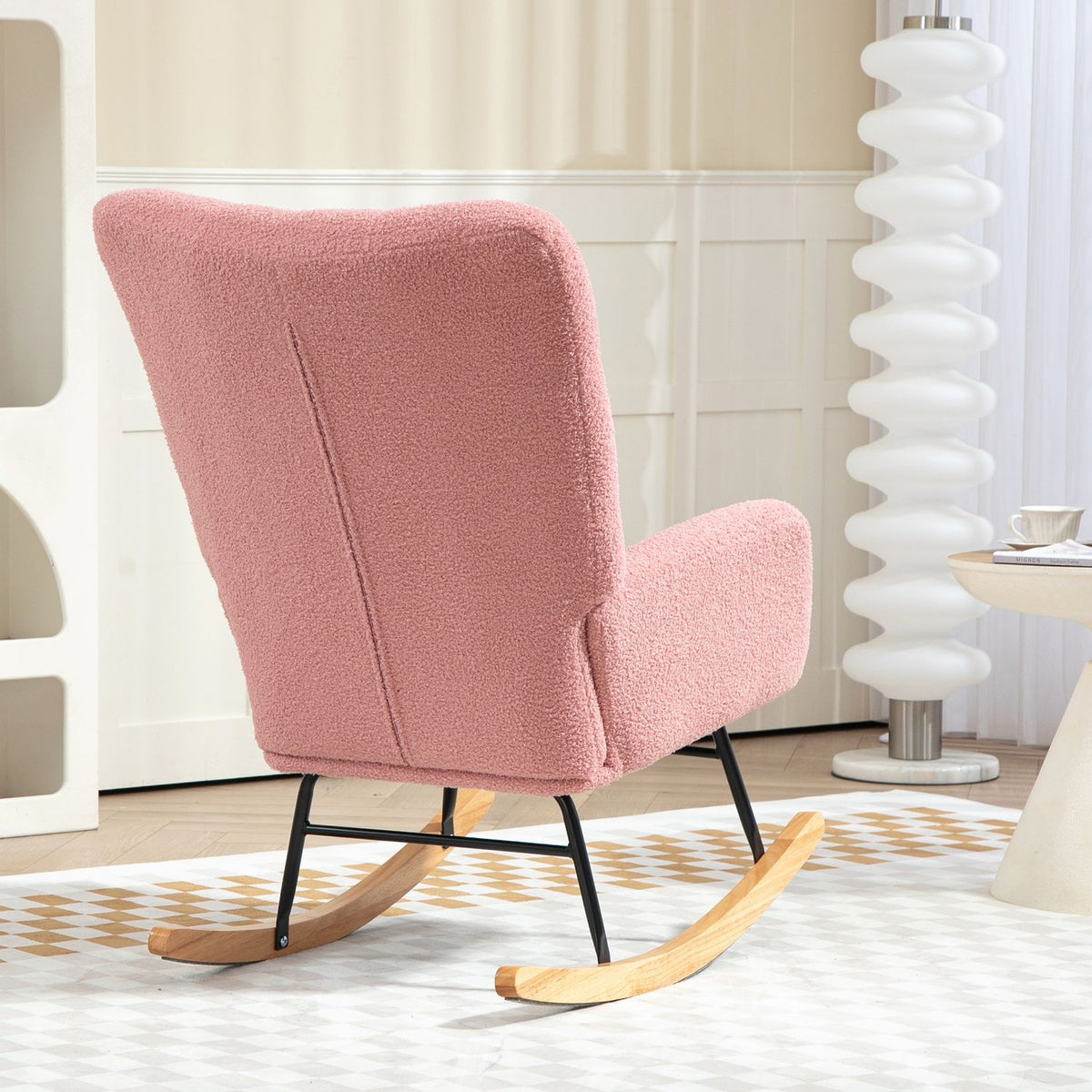 Rocking chair, rocking chair with armrests, teddy velvet look, relaxation chair with wooden runners, swing chair, nursing chair for bedroom, living room, pink
