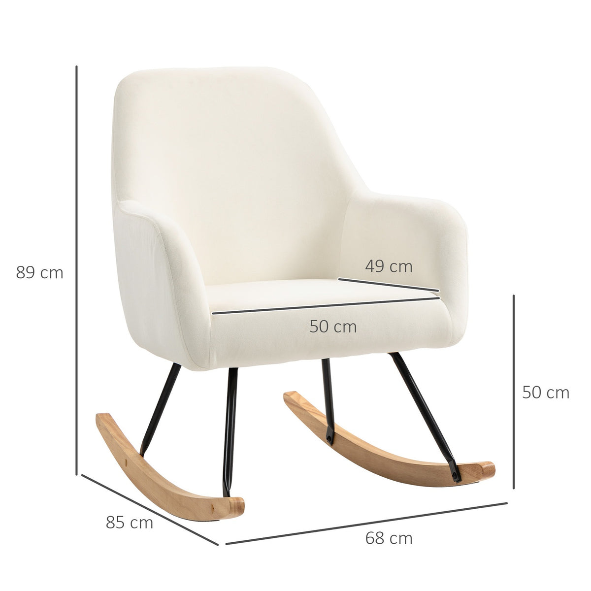 Rocking chair, rocking chair with armrests, wooden runners, relaxation chair, armchair with velvet look, relaxation chair, swing chair for bedroom, living room, balcony, cream white