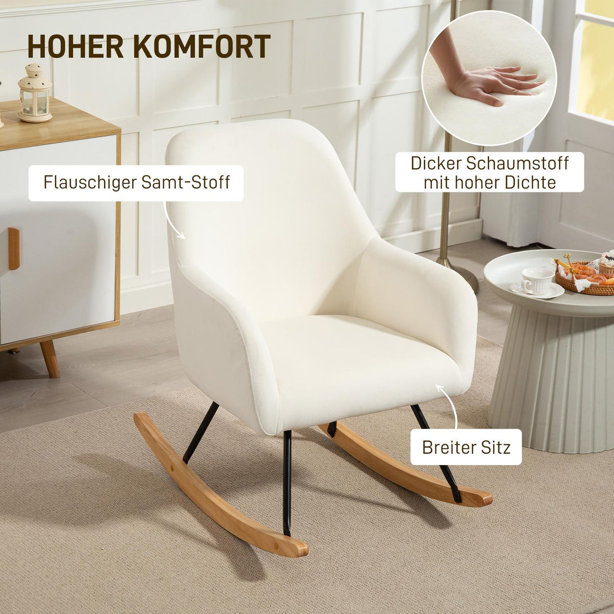 Rocking chair, rocking chair with armrests, wooden runners, relaxation chair, armchair with velvet look, relaxation chair, swing chair for bedroom, living room, balcony, cream white