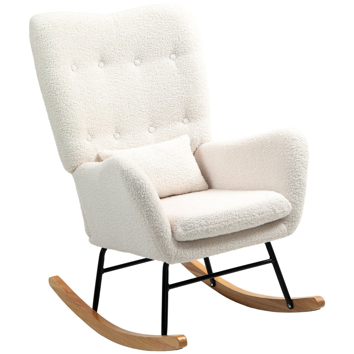 Rocking chair, rocking chair with armrest, teddy fabric look, nursing chair with wooden runners, lumbar cushion, relaxation chair, swing chair for living room, bedroom, cream white
