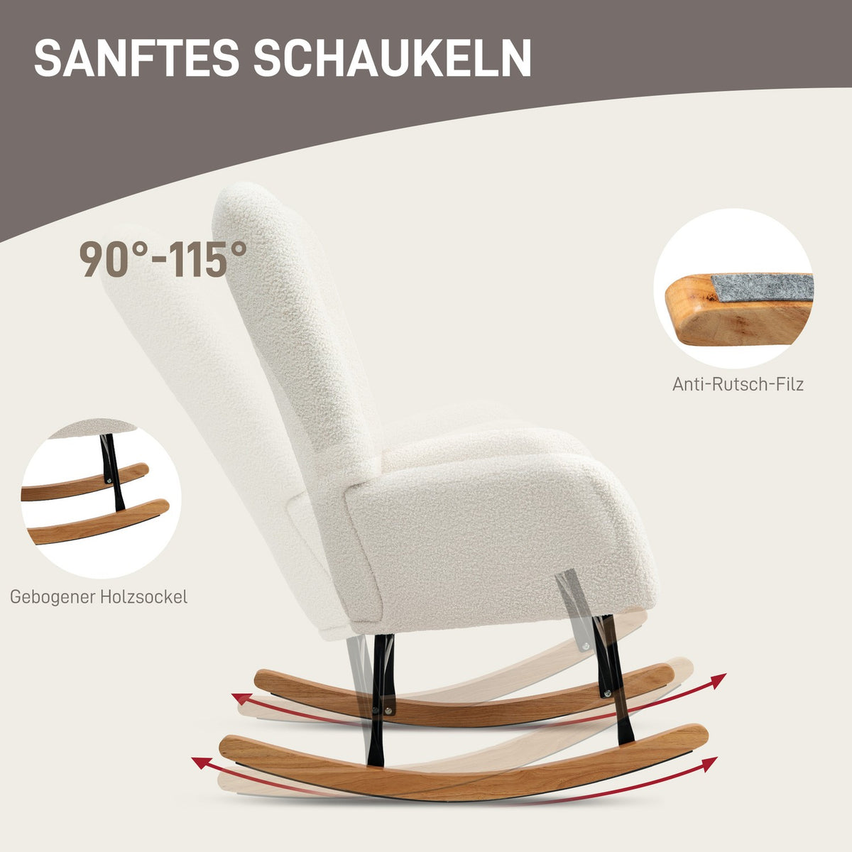 Rocking chair, rocking chair with armrest, teddy fabric look, nursing chair with wooden runners, lumbar cushion, relaxation chair, swing chair for living room, bedroom, cream white