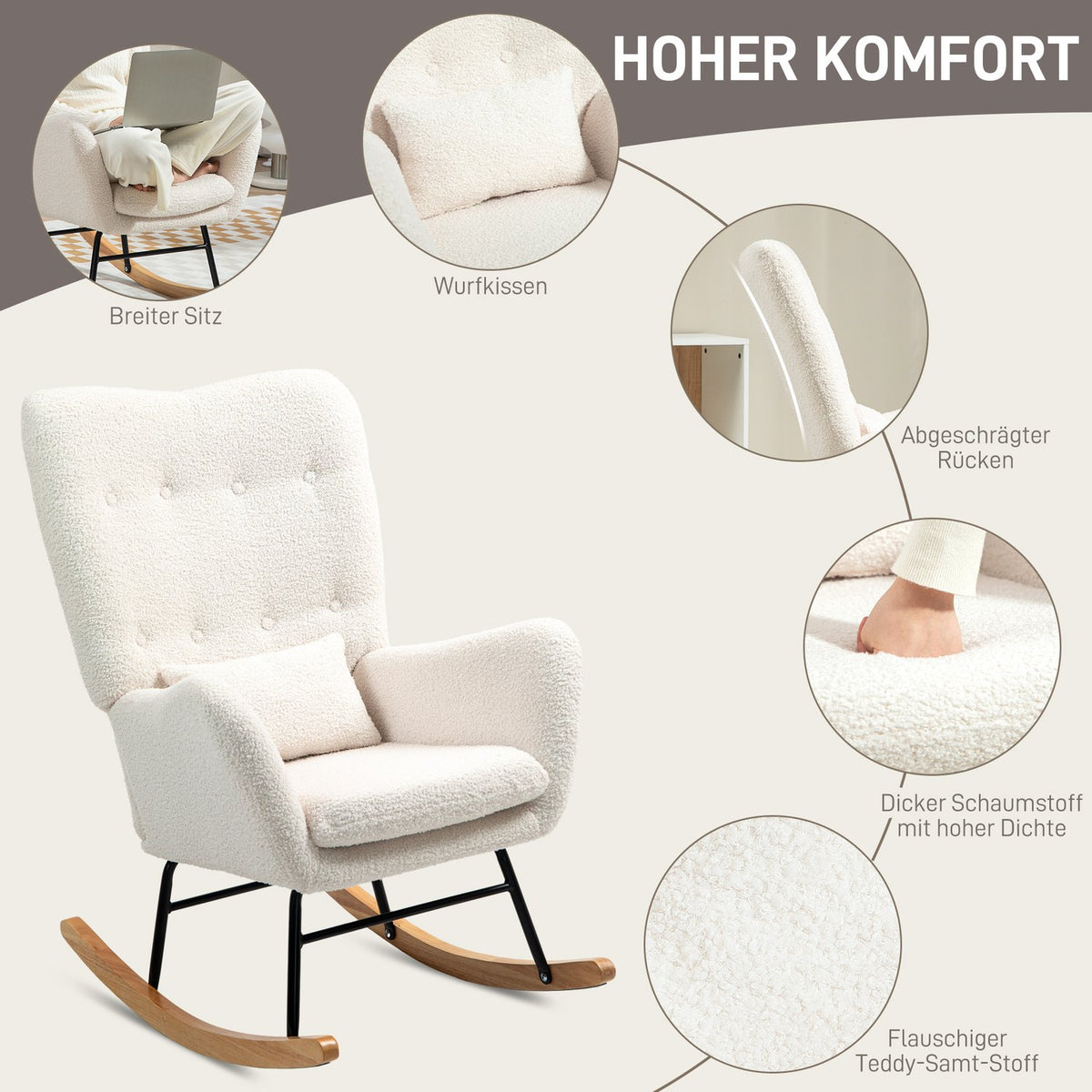 Rocking chair, rocking chair with armrest, teddy fabric look, nursing chair with wooden runners, lumbar cushion, relaxation chair, swing chair for living room, bedroom, cream white