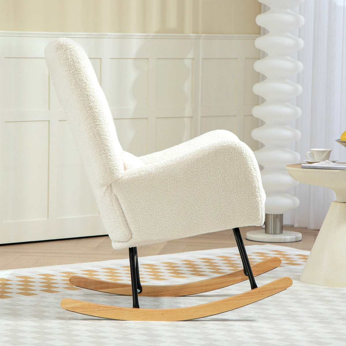 Rocking chair, rocking chair with armrest, teddy fabric look, nursing chair with wooden runners, lumbar cushion, relaxation chair, swing chair for living room, bedroom, cream white