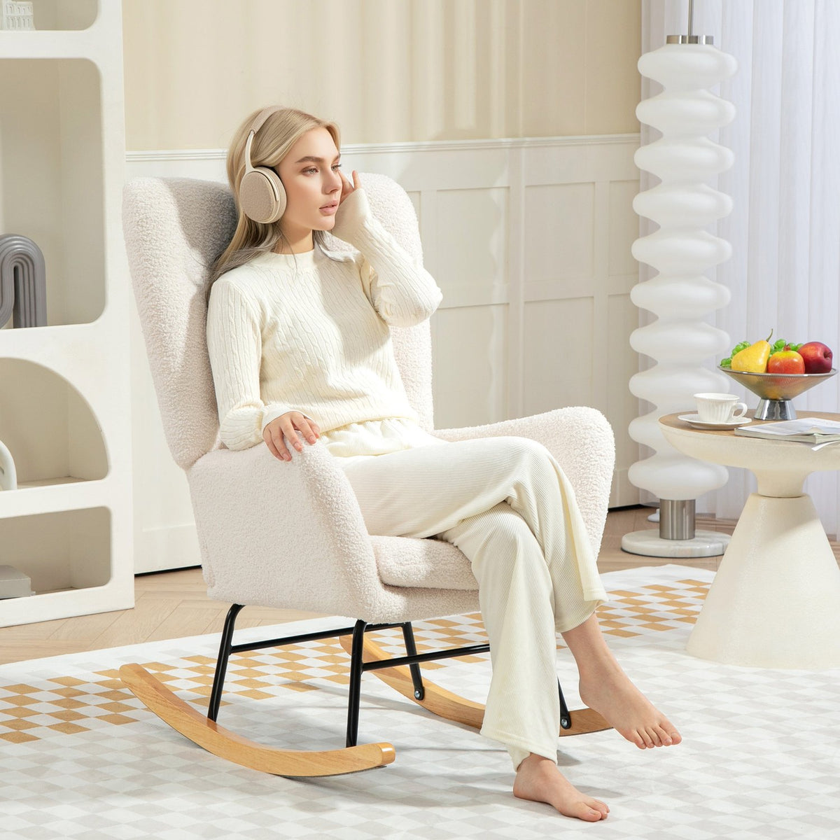Rocking chair, rocking chair with armrest, teddy fabric look, nursing chair with wooden runners, lumbar cushion, relaxation chair, swing chair for living room, bedroom, cream white