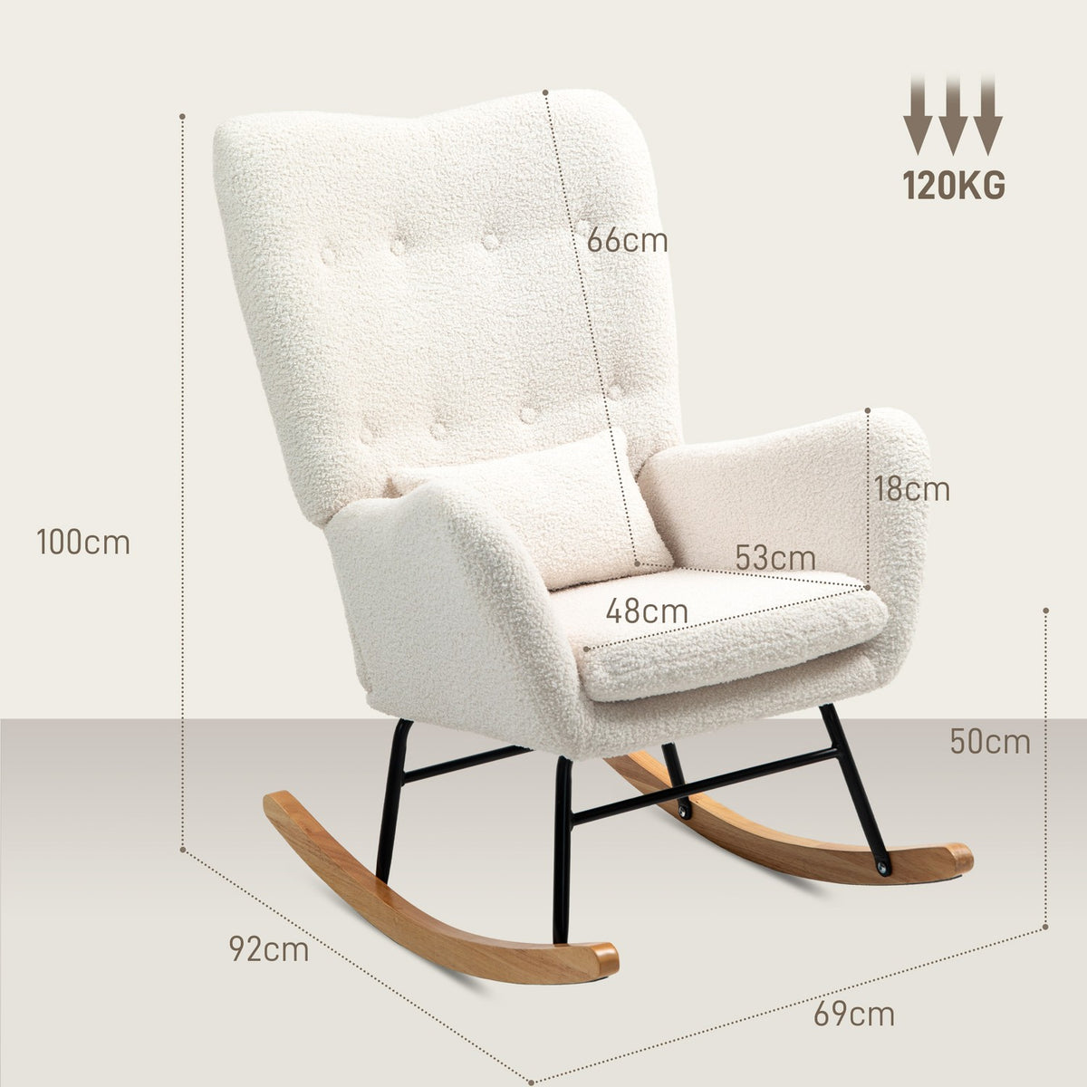 Rocking chair, rocking chair with armrest, teddy fabric look, nursing chair with wooden runners, lumbar cushion, relaxation chair, swing chair for living room, bedroom, cream white