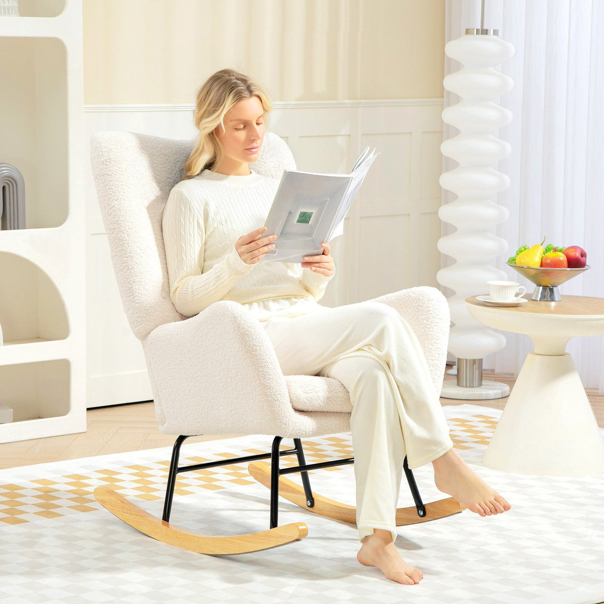 Rocking chair, rocking chair with armrest, teddy fabric look, nursing chair with wooden runners, lumbar cushion, relaxation chair, swing chair for living room, bedroom, cream white
