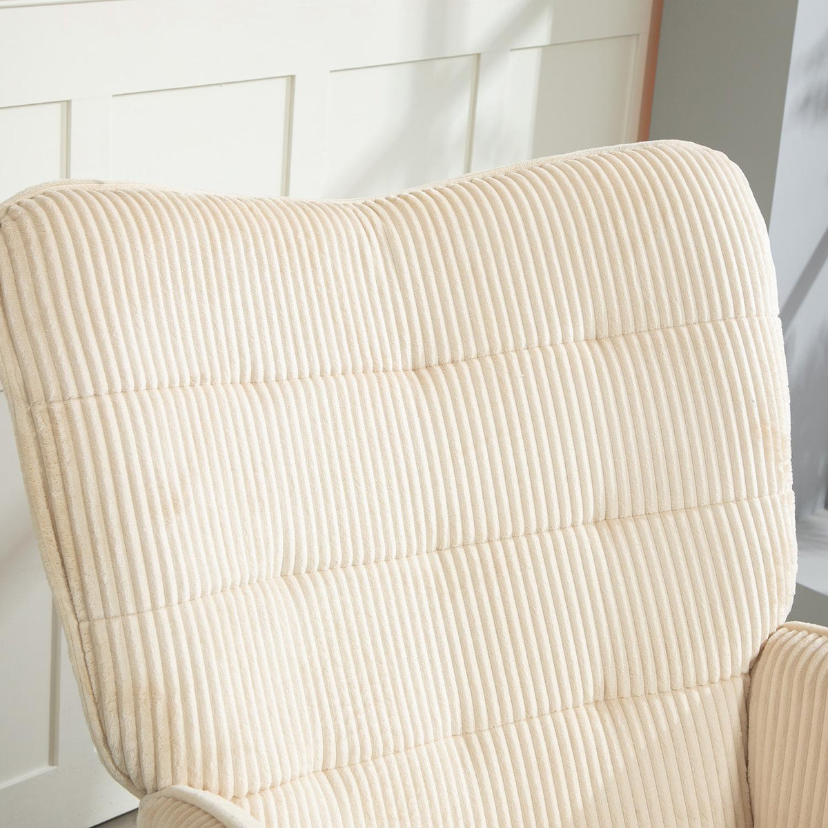 Rocking chair, rocking chair with cord look, armrest, armchair with wooden runners, relaxation chair for living room, bedroom, beige