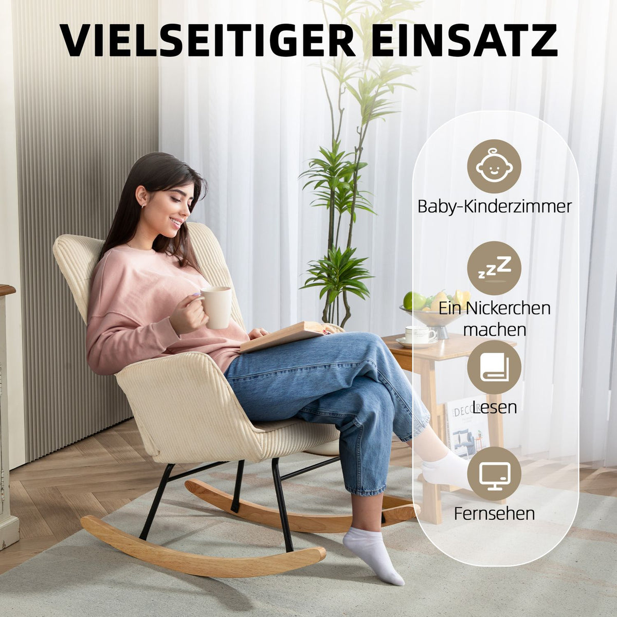 Rocking chair, rocking chair with cord look, armrest, armchair with wooden runners, relaxation chair for living room, bedroom, beige