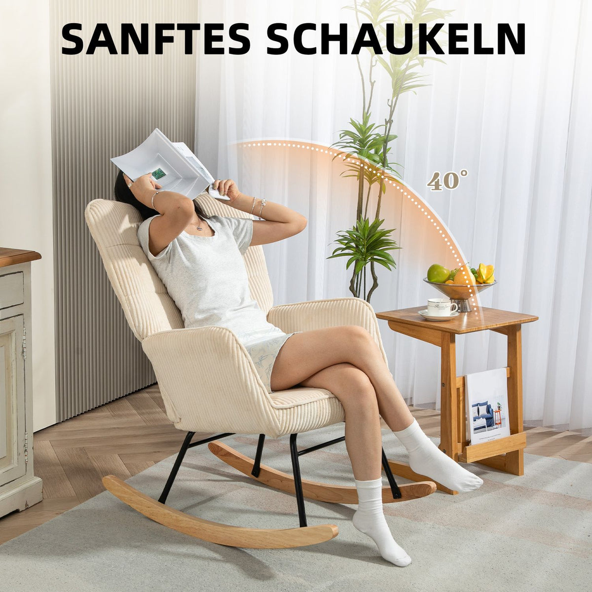 Rocking chair, rocking chair with cord look, armrest, armchair with wooden runners, relaxation chair for living room, bedroom, beige