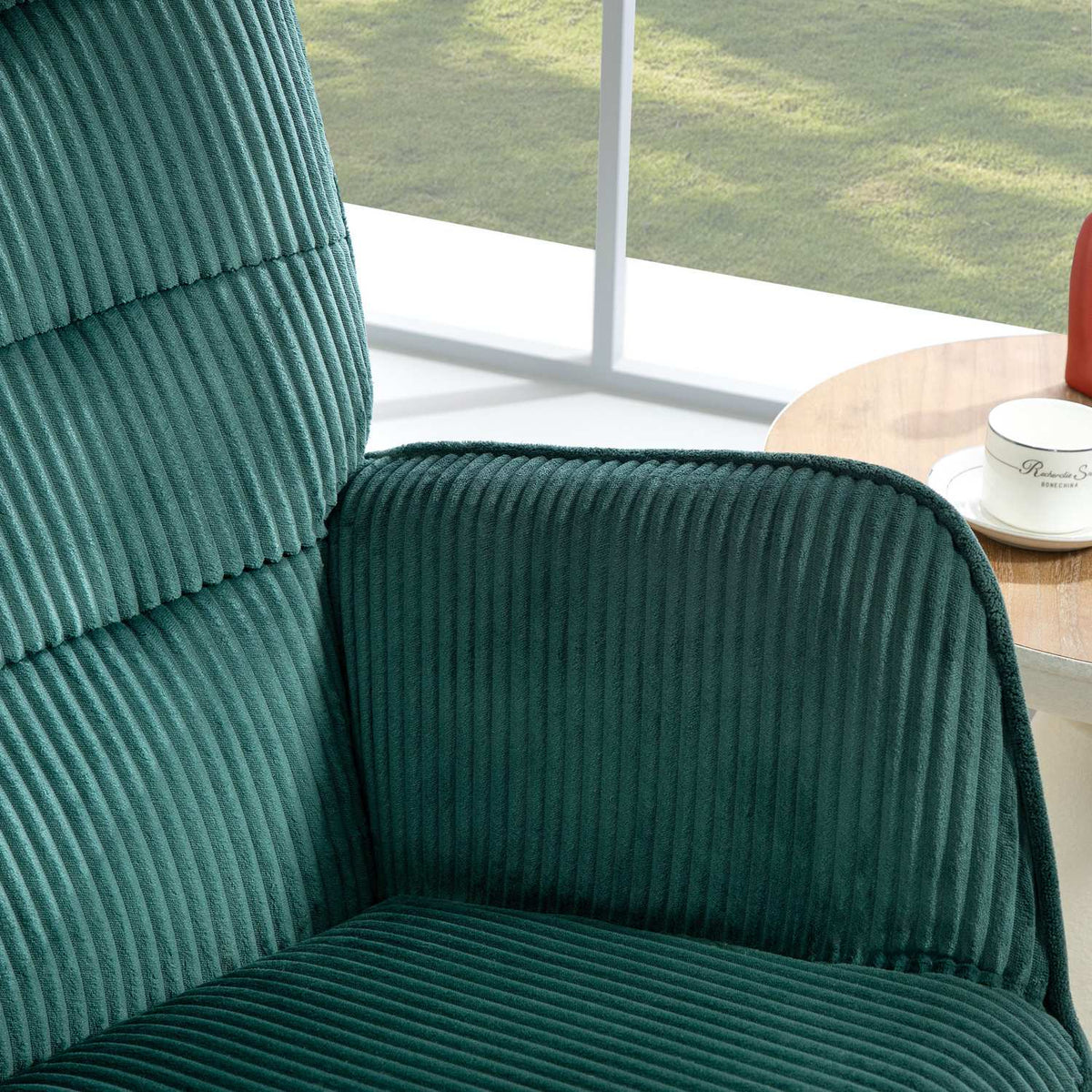 Rocking chair, rocking chair with cord look, armrest, armchair with wooden runners, relaxation chair for living room, bedroom, dark green