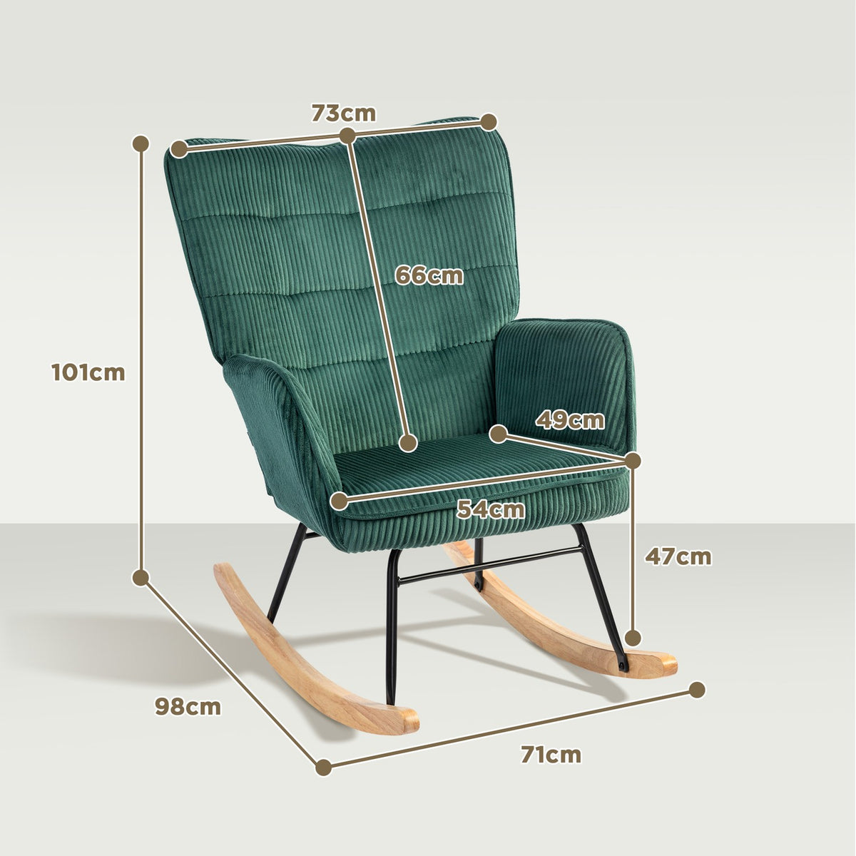 Rocking chair, rocking chair with cord look, armrest, armchair with wooden runners, relaxation chair for living room, bedroom, dark green