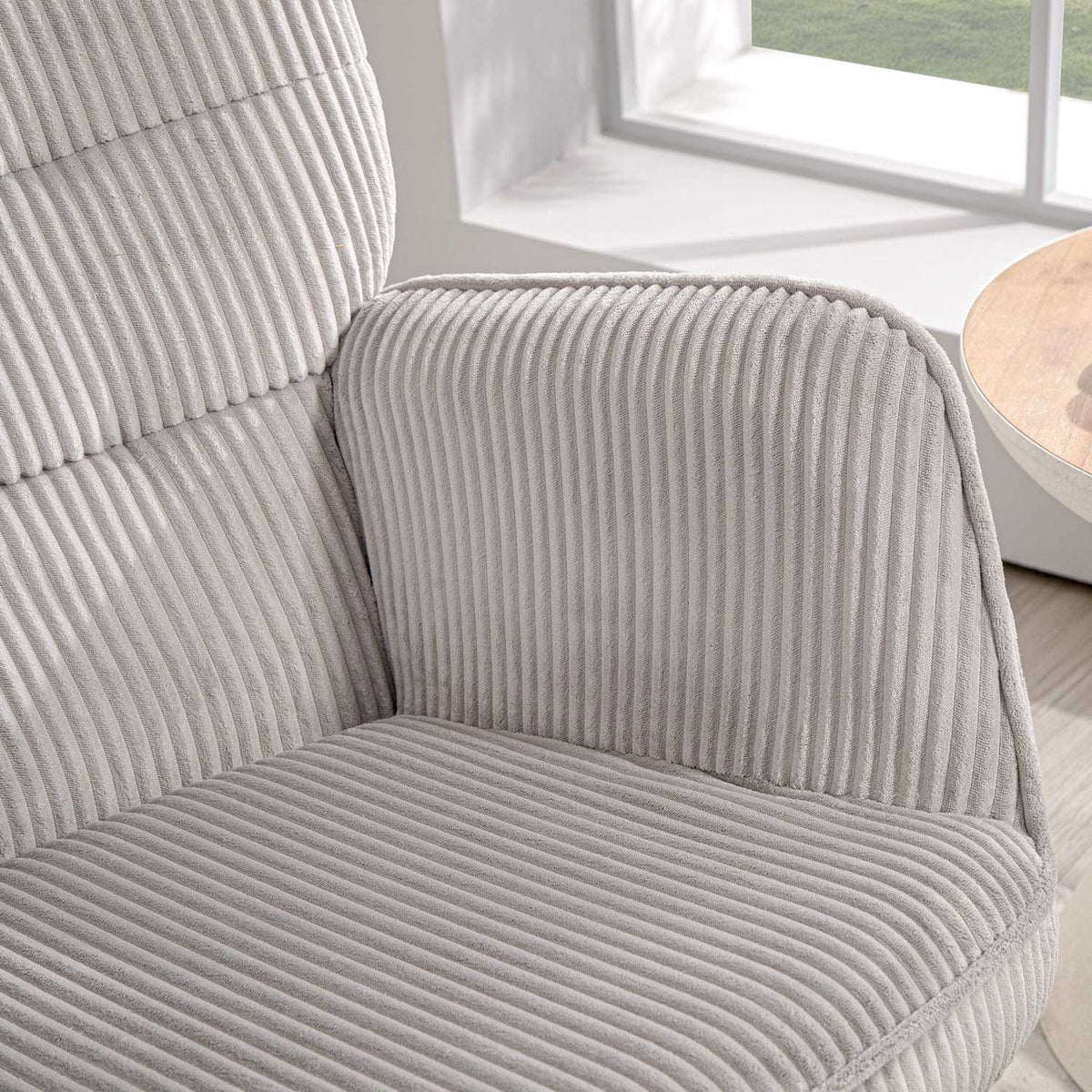 Rocking chair, rocking chair with cord look, armrest, armchair with wooden runners, relaxation chair for living room, bedroom, light gray