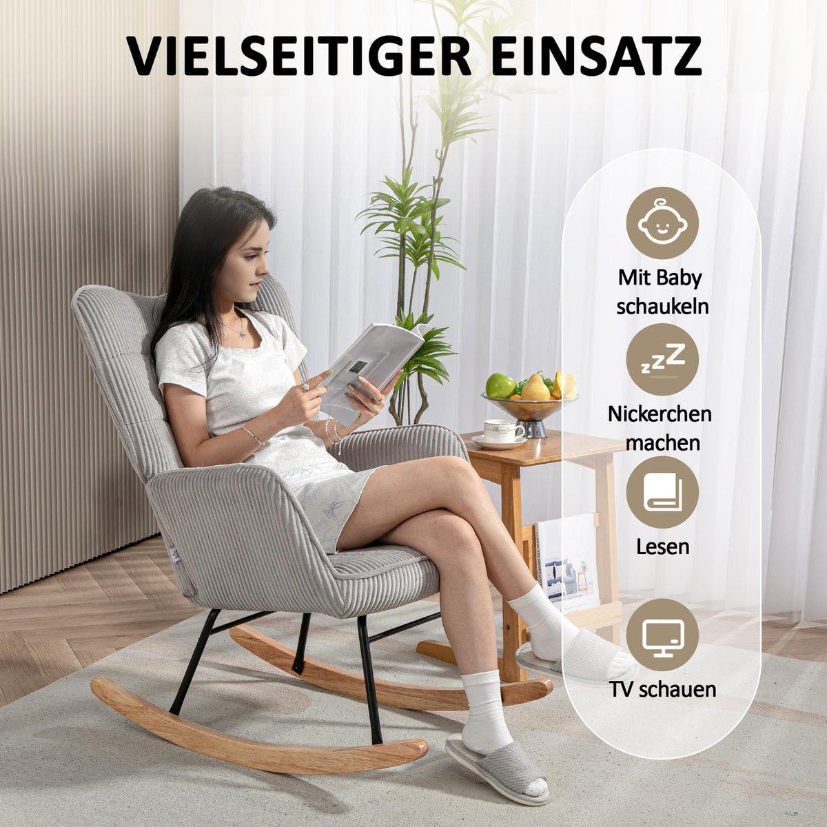 Rocking chair, rocking chair with cord look, armrest, armchair with wooden runners, relaxation chair for living room, bedroom, light gray