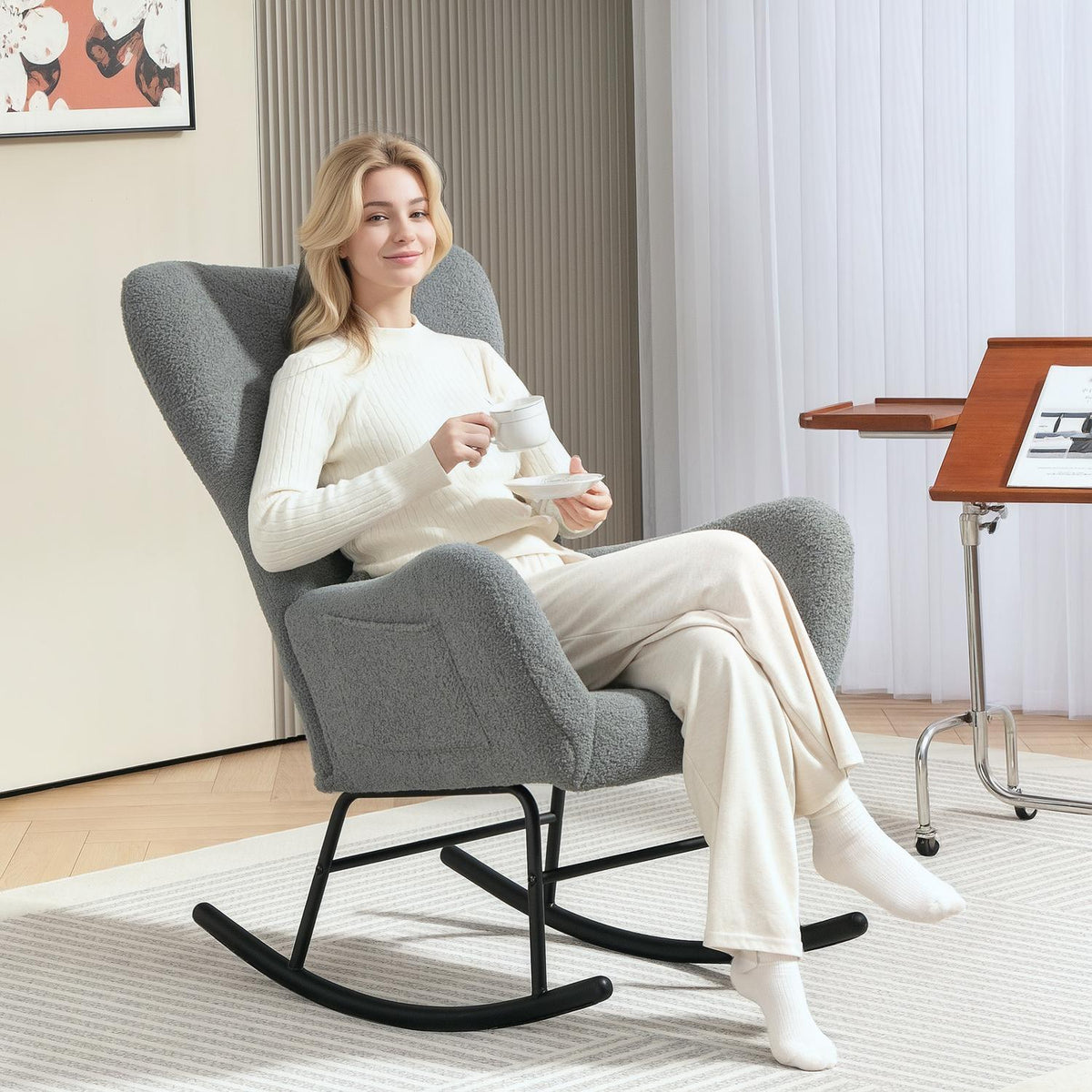 Rocking chair, rocking chair with teddy fabric look, armrest, nursing chair with wooden runners, lumbar cushion, relaxation chair with side pocket for living room, bedroom, gray