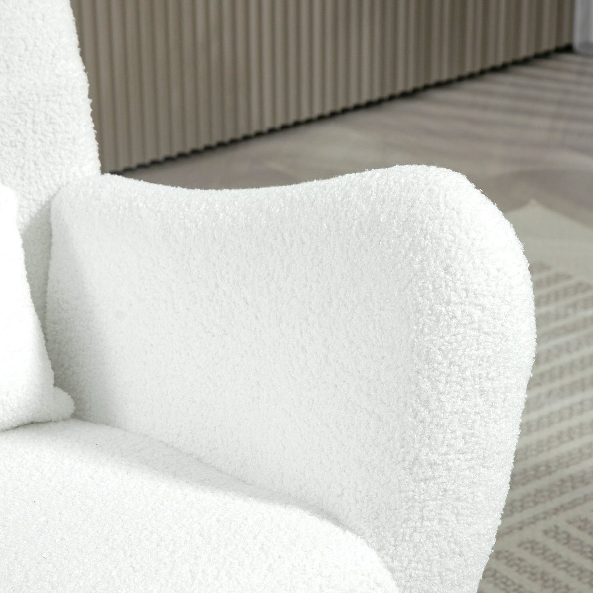Rocking chair, rocking chair with teddy fabric look, armrest, nursing chair with wooden runners, lumbar cushion, relaxation chair with side pocket for living room, bedroom, white