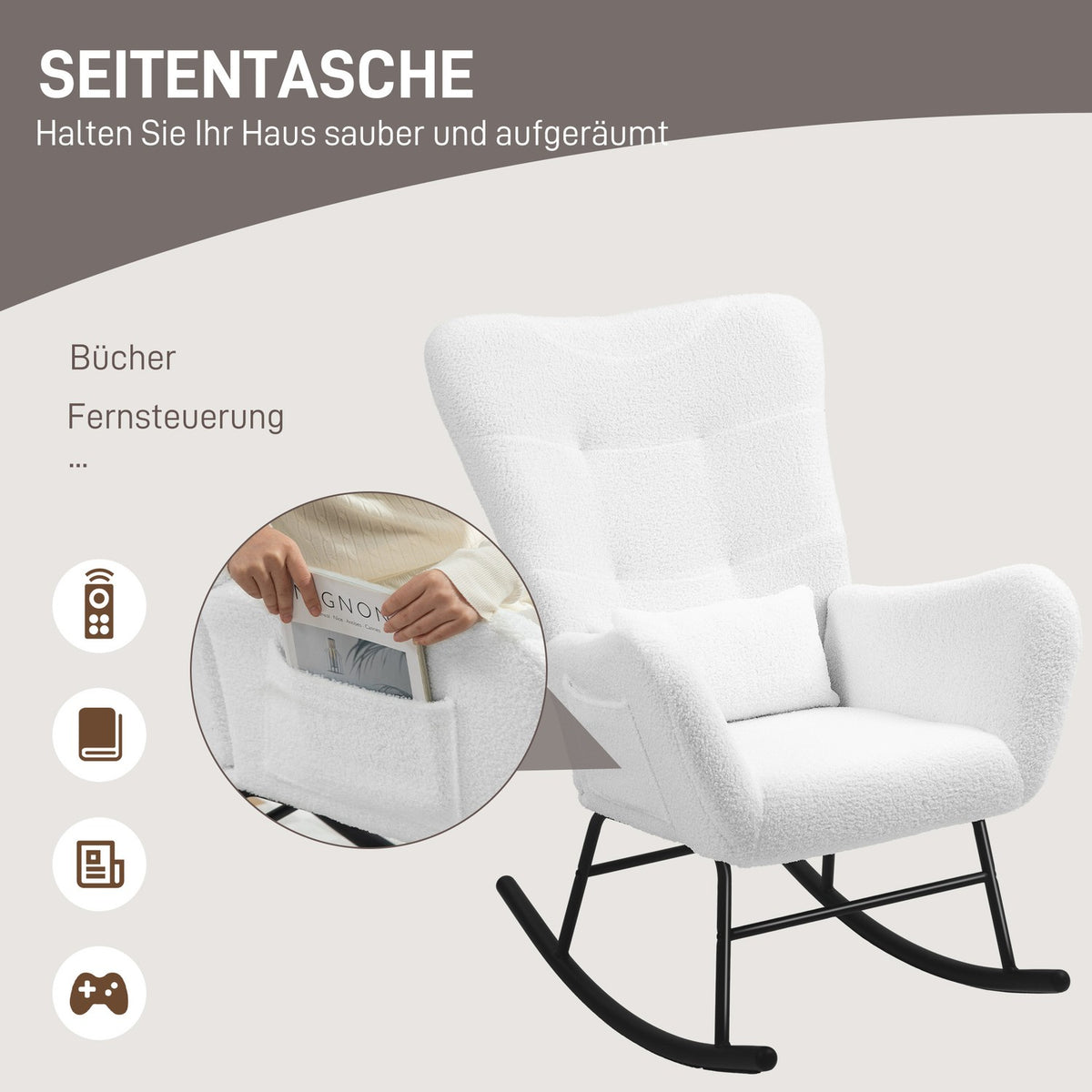 Rocking chair, rocking chair with teddy fabric look, armrest, nursing chair with wooden runners, lumbar cushion, relaxation chair with side pocket for living room, bedroom, white