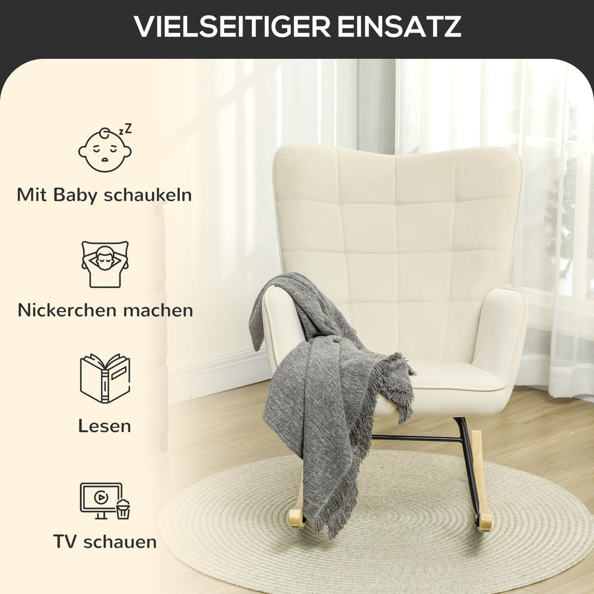 Rocking chair, rocking chair with velvet look, armrest, armchair with wooden runners, relaxation chair for living room, bedroom, beige