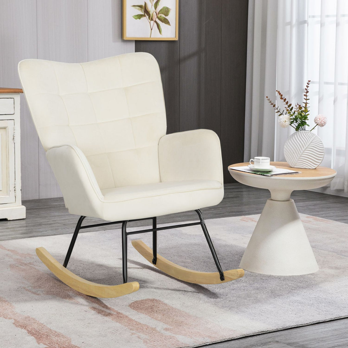 Rocking chair, rocking chair with velvet look, armrest, armchair with wooden runners, relaxation chair for living room, bedroom, beige