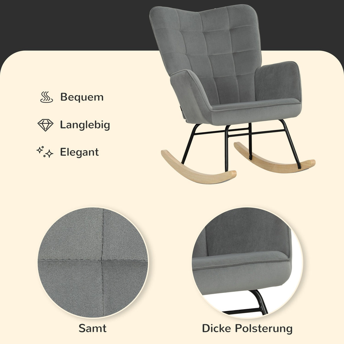 Rocking chair, rocking chair with velvet look, armrest, armchair with wooden runners, relaxation chair for living room, bedroom, dark gray