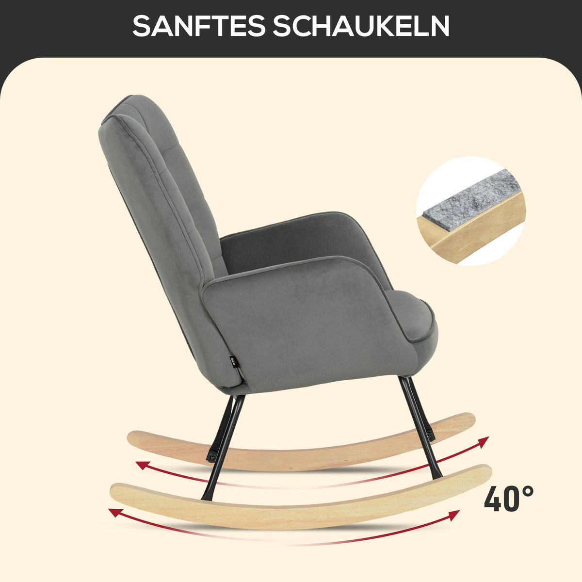 Rocking chair, rocking chair with velvet look, armrest, armchair with wooden runners, relaxation chair for living room, bedroom, dark gray