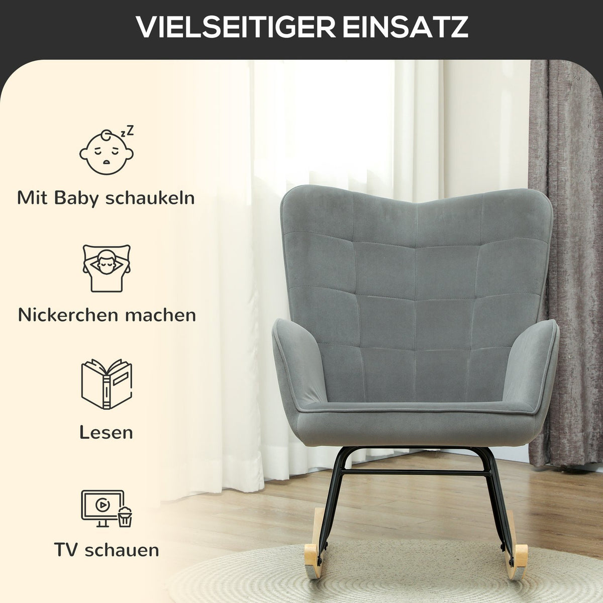 Rocking chair, rocking chair with velvet look, armrest, armchair with wooden runners, relaxation chair for living room, bedroom, dark gray