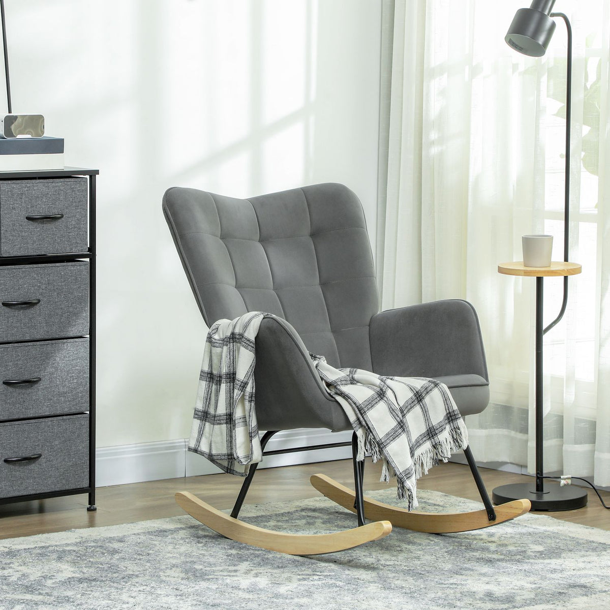 Rocking chair, rocking chair with velvet look, armrest, armchair with wooden runners, relaxation chair for living room, bedroom, dark gray