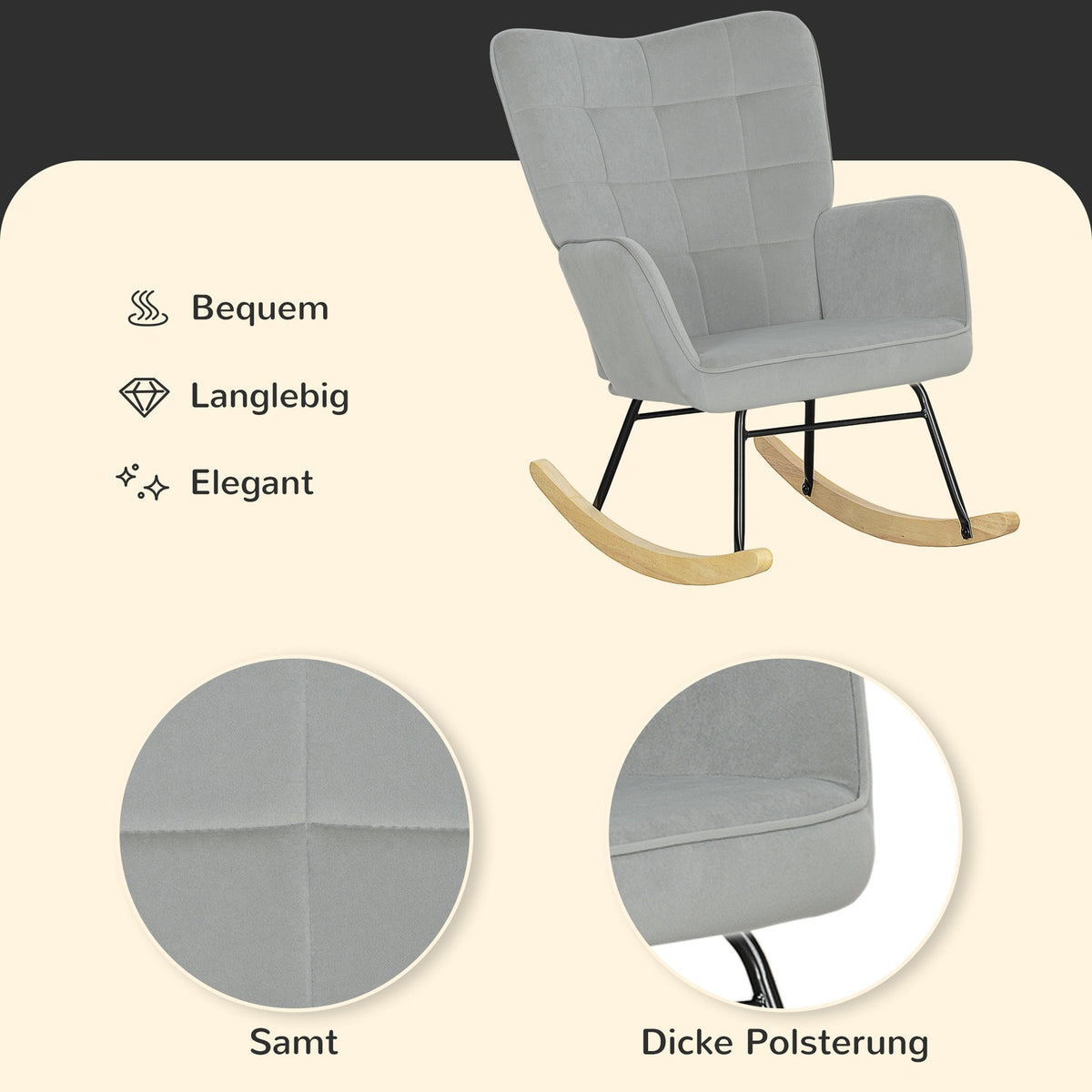 Rocking chair, rocking chair with velvet look, armrest, armchair with wooden runners, relaxation chair for living room, bedroom, light gray