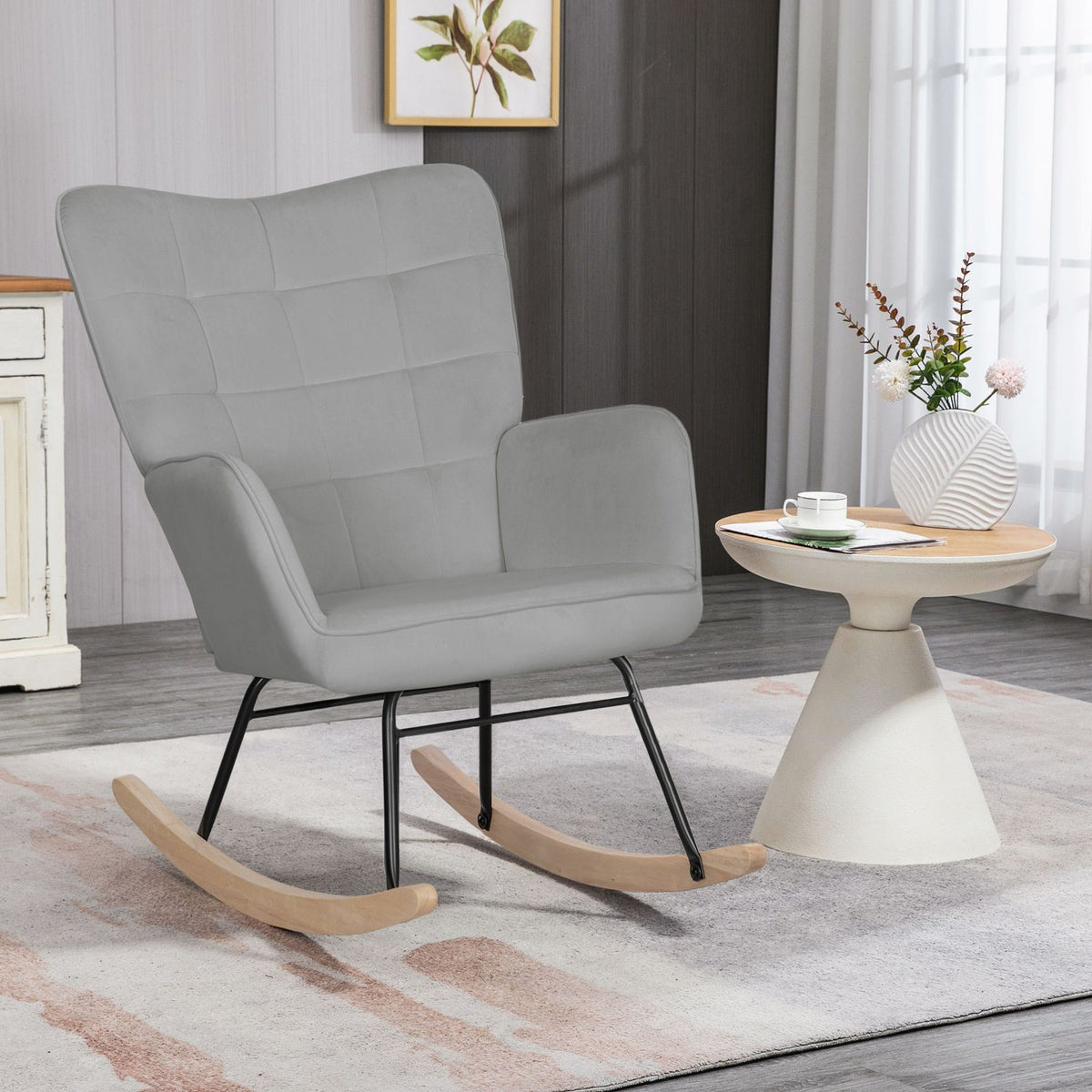 Rocking chair, rocking chair with velvet look, armrest, armchair with wooden runners, relaxation chair for living room, bedroom, light gray