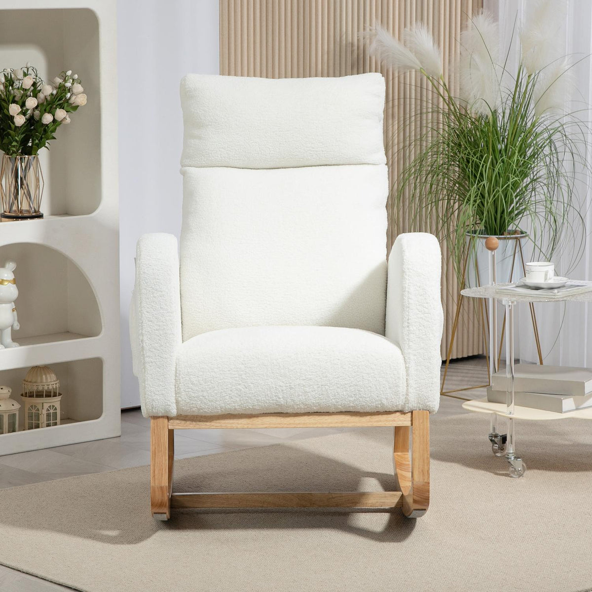 Rocking chair, swing chair, armchair, nursing chair with velvet look, rocking chair can hold up to 120 kg, for bedroom, living room, cream white
