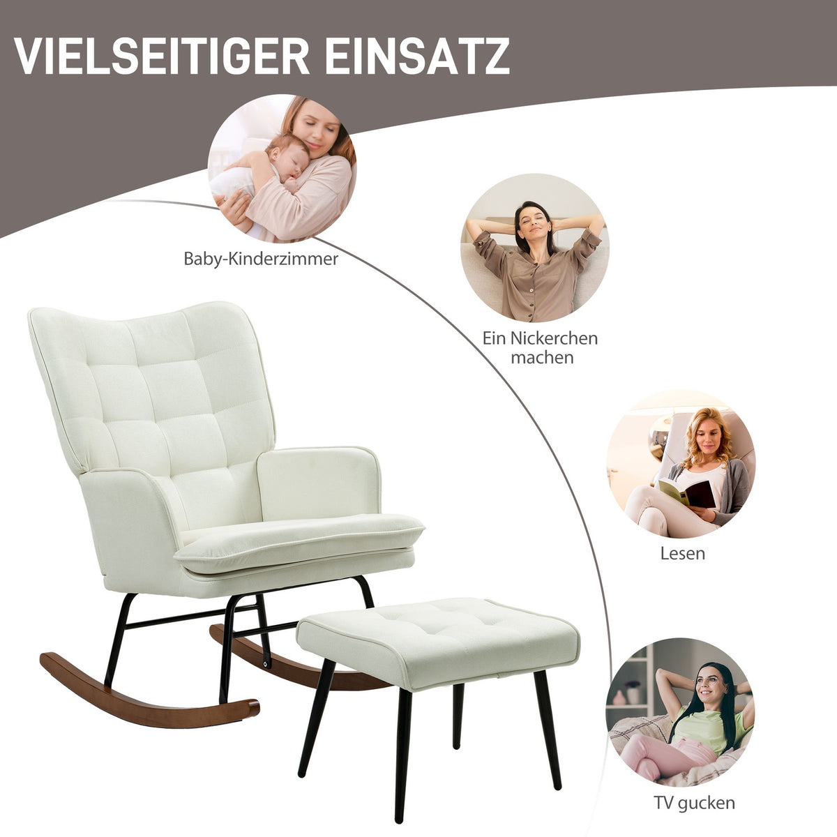 Rocking chair, up to 130 kg, swing chair with stool, armchair, nursing chair with linen look, rocking chair for bedroom