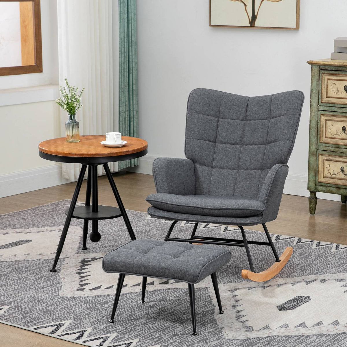 Rocking chair, up to 130 kg, swing chair with stool, armchair, nursing chair with linen look, rocking chair for bedroom