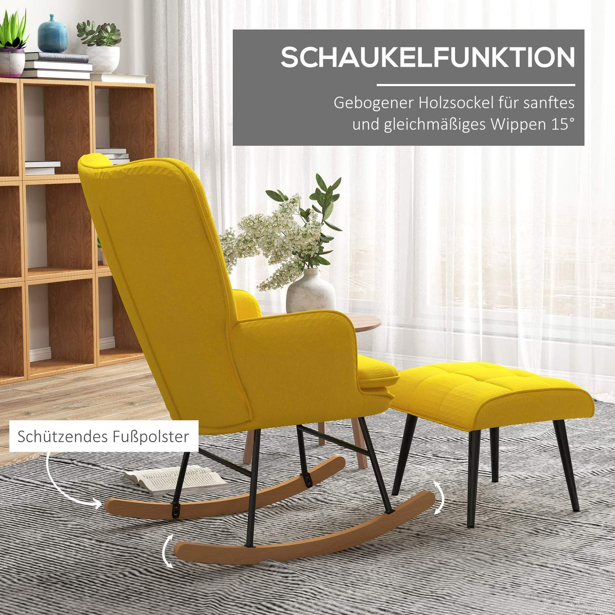Rocking chair with stool, armchair, relaxation chair with linen look, rocking chair with a load capacity of up to 130 kg, beige