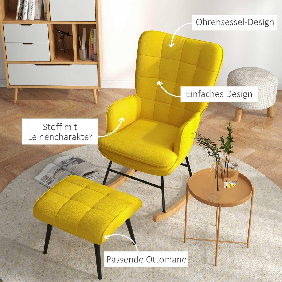 Rocking chair with stool, armchair, relaxation chair with linen look, rocking chair with a load capacity of up to 130 kg, beige