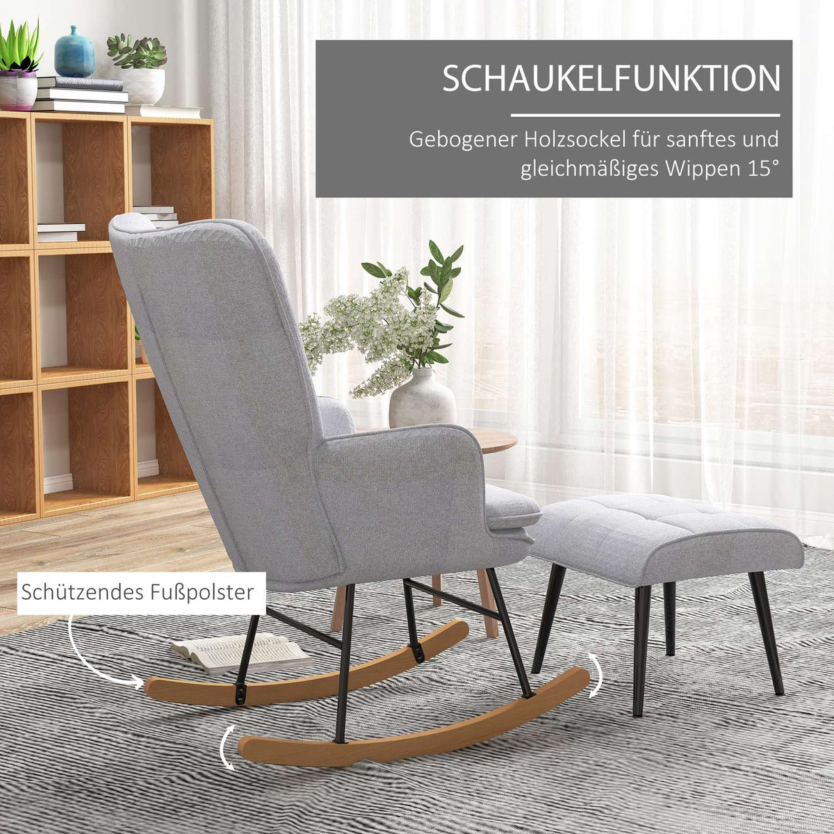 Rocking chair with stool, armchair, relaxation chair with linen look, rocking chair with a load capacity of up to 130 kg, light grey