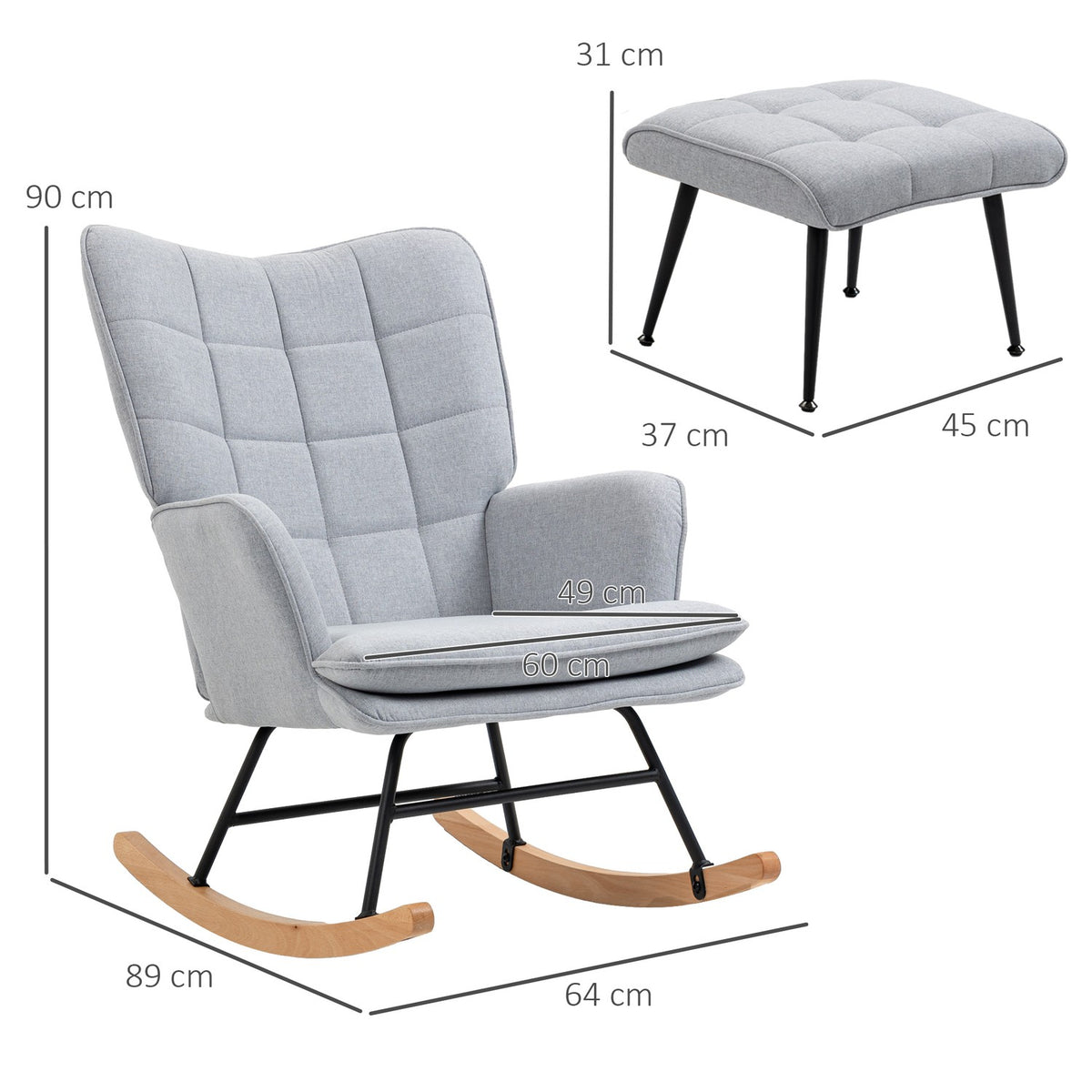 Rocking chair with stool, armchair, relaxation chair with linen look, rocking chair with a load capacity of up to 130 kg, light grey
