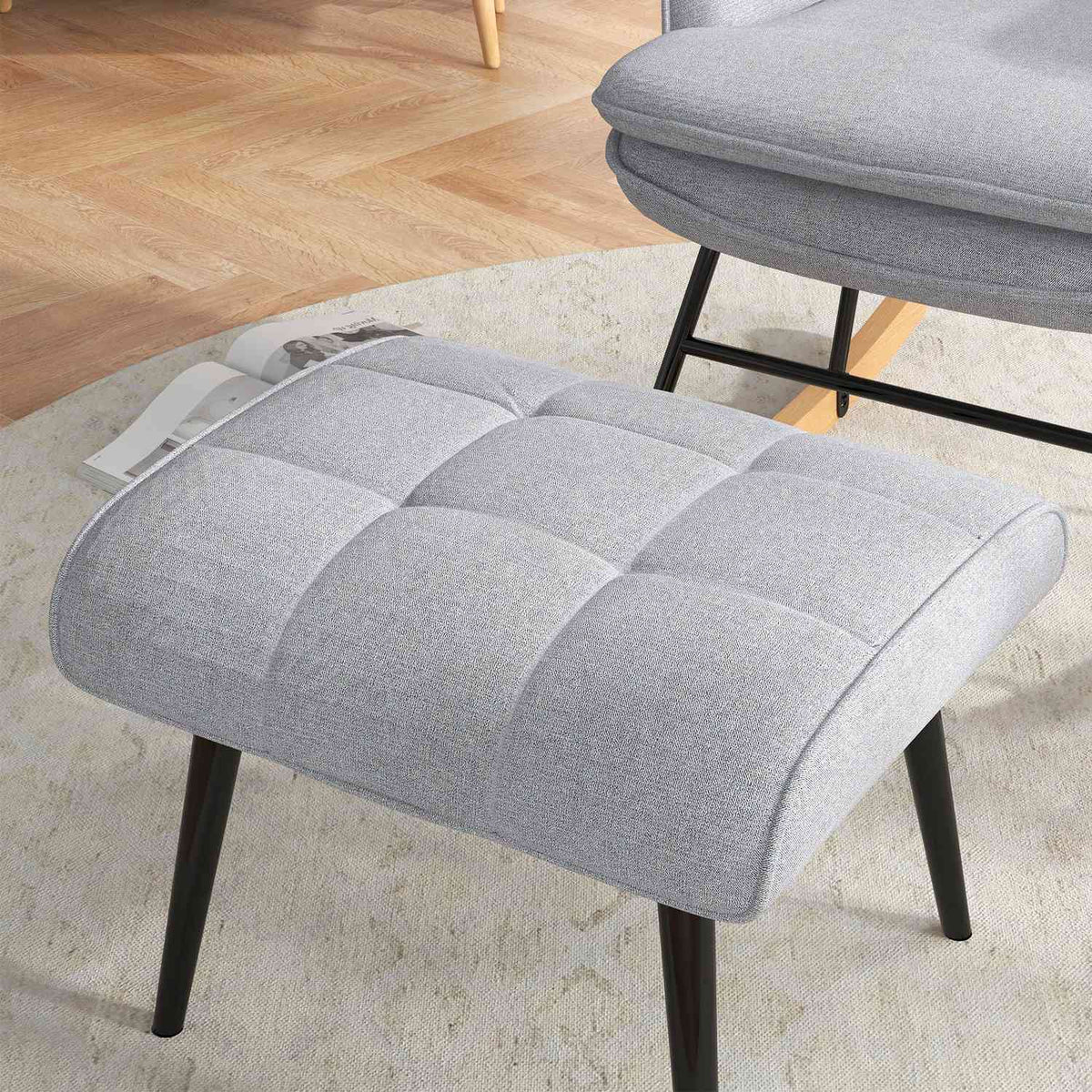 Rocking chair with stool, armchair, relaxation chair with linen look, rocking chair with a load capacity of up to 130 kg, light grey
