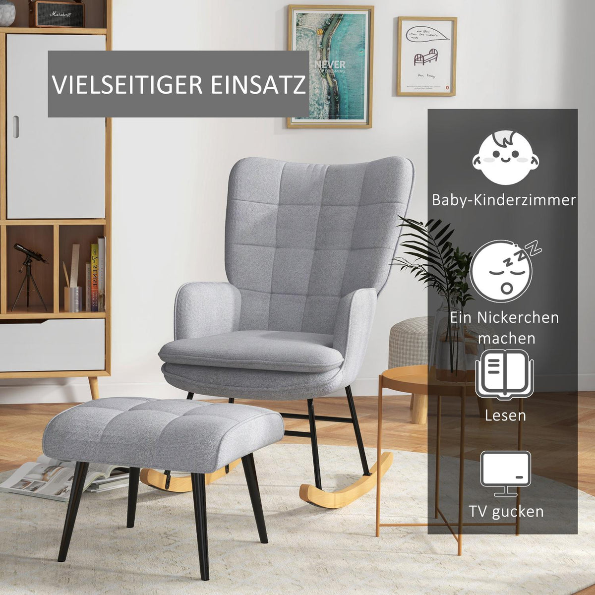 Rocking chair with stool, armchair, relaxation chair with linen look, rocking chair with a load capacity of up to 130 kg, light grey
