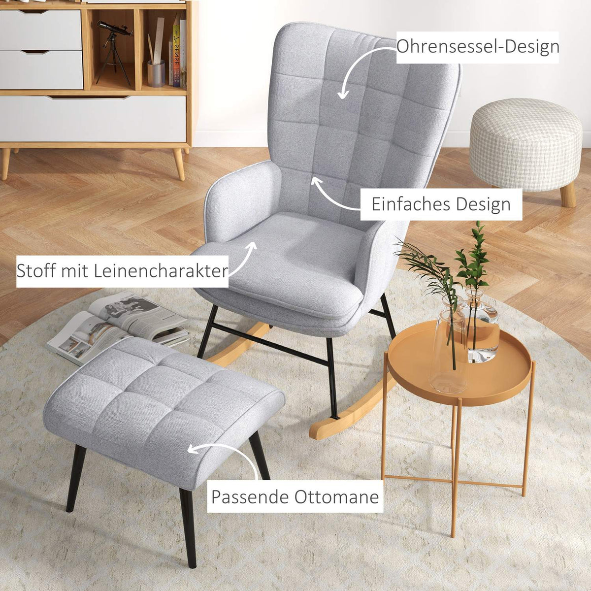 Rocking chair with stool, armchair, relaxation chair with linen look, rocking chair with a load capacity of up to 130 kg, light grey