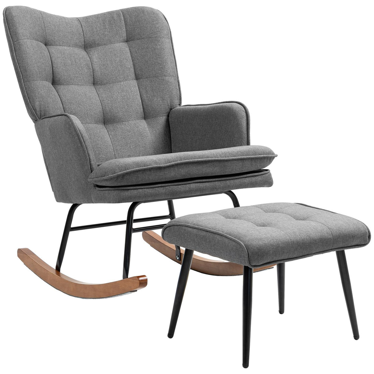 Rocking chair with stool, can hold up to 130 kg, swing chair, armchair, relaxation chair with linen look, rocking chair
