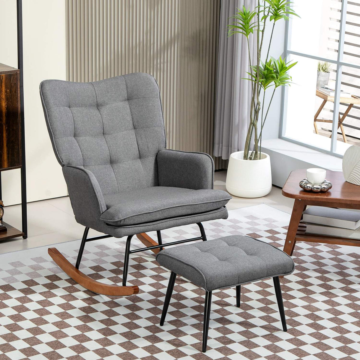 Rocking chair with stool, can hold up to 130 kg, swing chair, armchair, relaxation chair with linen look, rocking chair