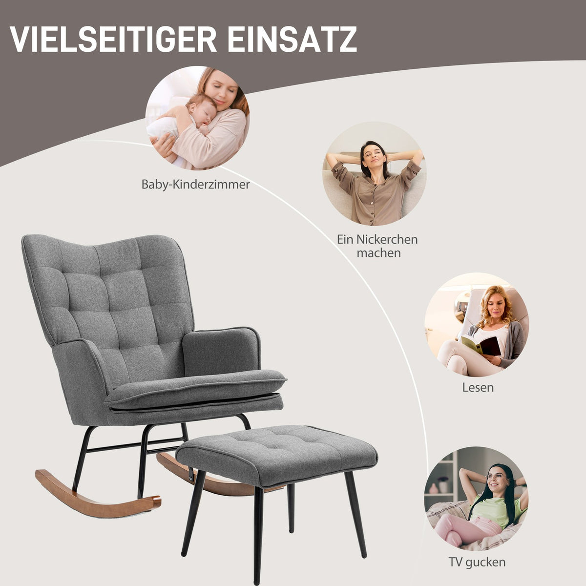 Rocking chair with stool, can hold up to 130 kg, swing chair, armchair, relaxation chair with linen look, rocking chair