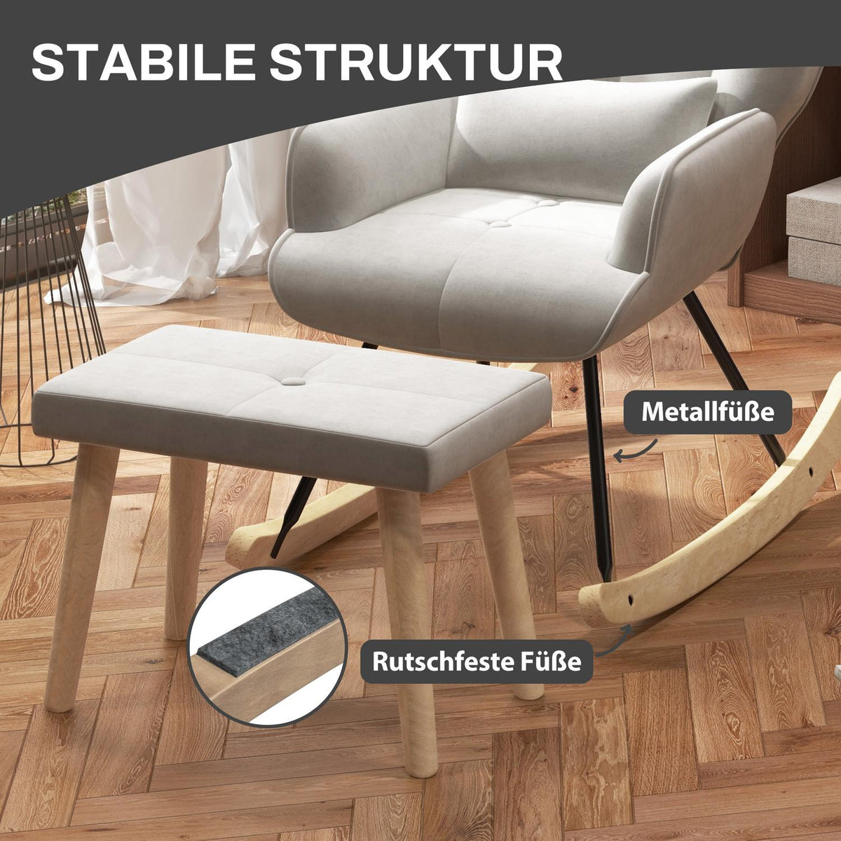 Rocking chair with stool, relaxation chair with cushion, velvet look, wing chair with wooden legs for bedroom, living room, 66 x 96 x 101 cm, cream white