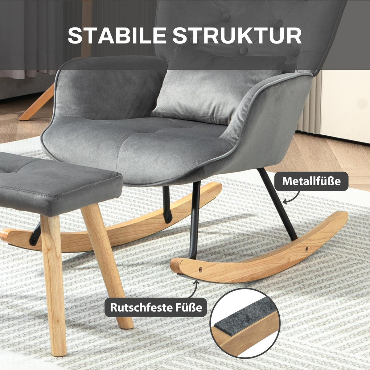 Rocking chair with stool, relaxation chair with cushion, velvet look, wing chair with wooden legs for bedroom, living room, 66 x 96 x 101 cm, dark gray