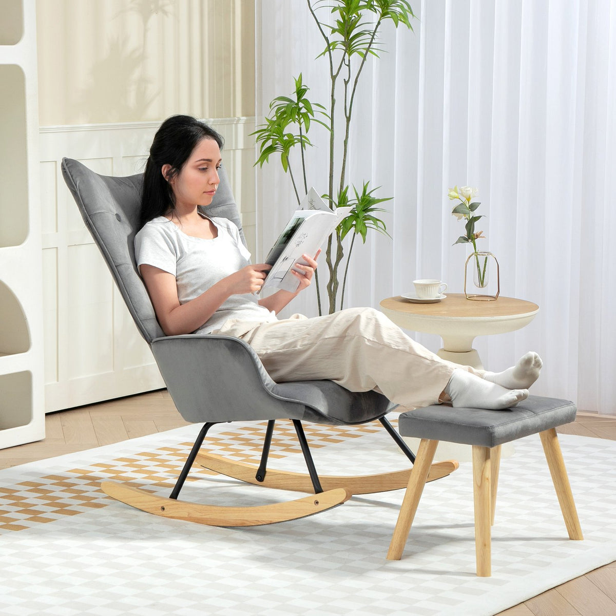 Rocking chair with stool, relaxation chair with cushion, velvet look, wing chair with wooden legs for bedroom, living room, 66 x 96 x 101 cm, dark gray