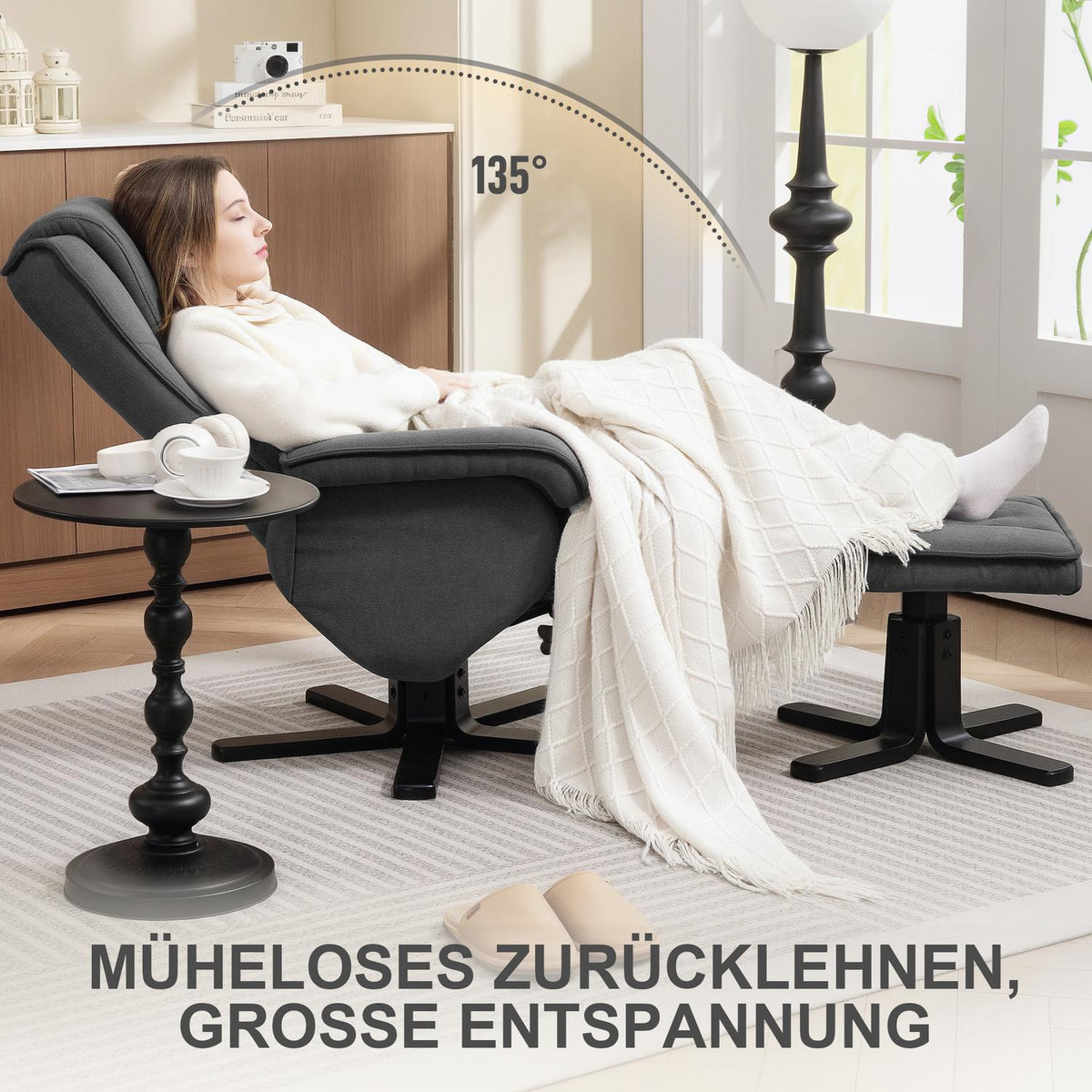 Rocking recliner chair with footstool, velvet-look fabric cover, swivel upholstered chair, wooden frame, grey