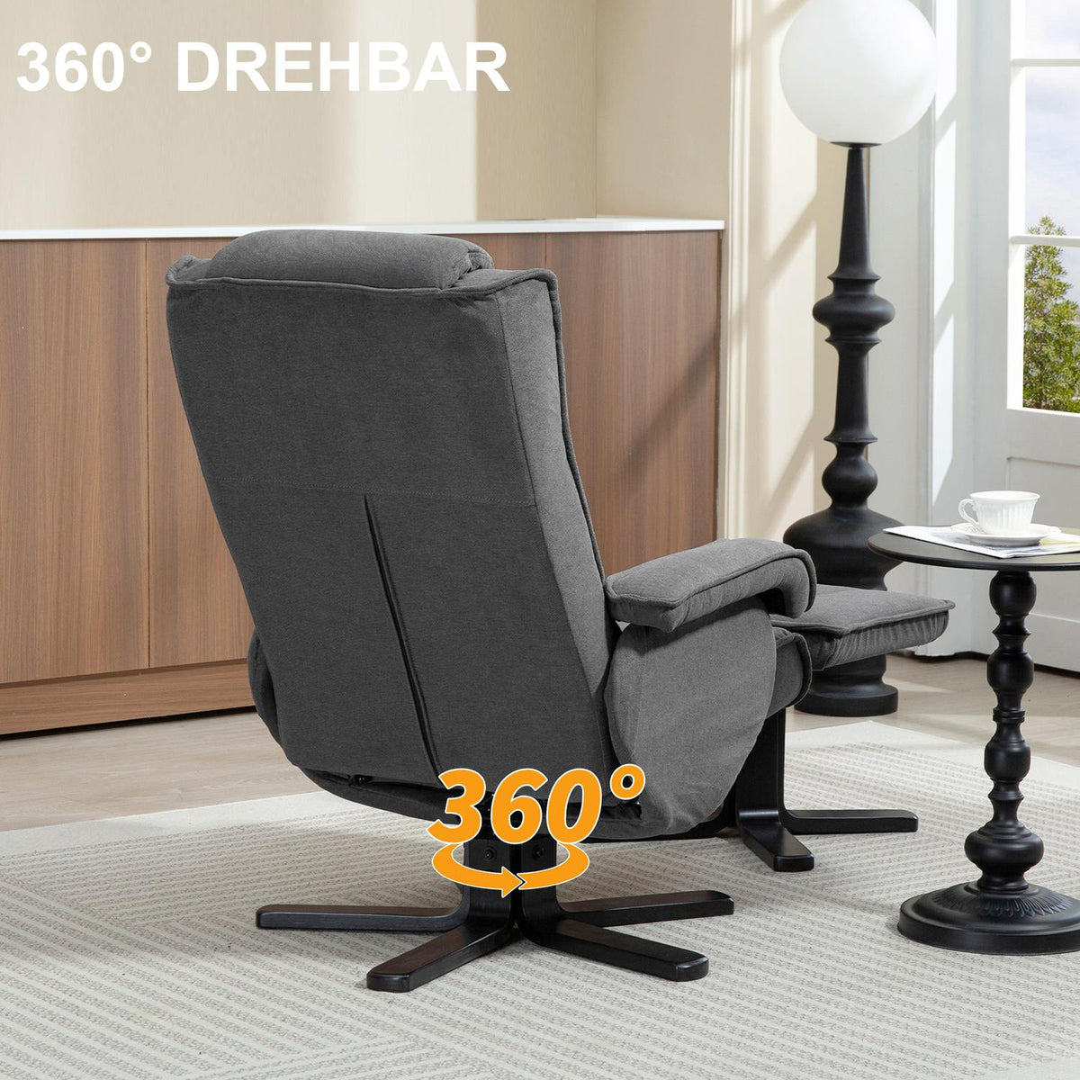 Rocking recliner chair with footstool, velvet-look fabric cover, swivel upholstered chair, wooden frame, grey