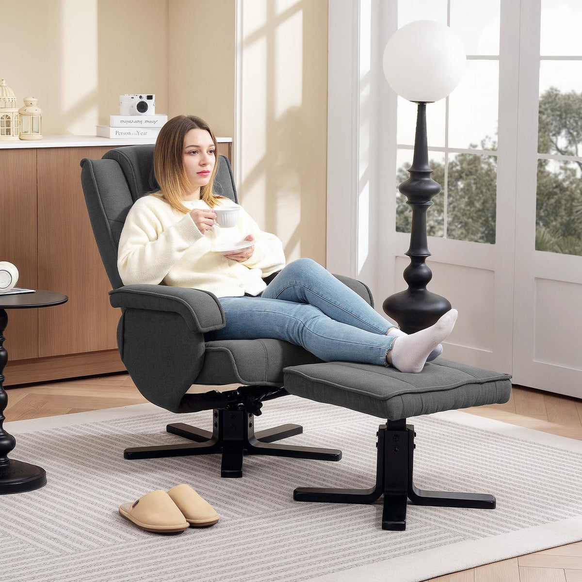 Rocking recliner chair with footstool, velvet-look fabric cover, swivel upholstered chair, wooden frame, grey