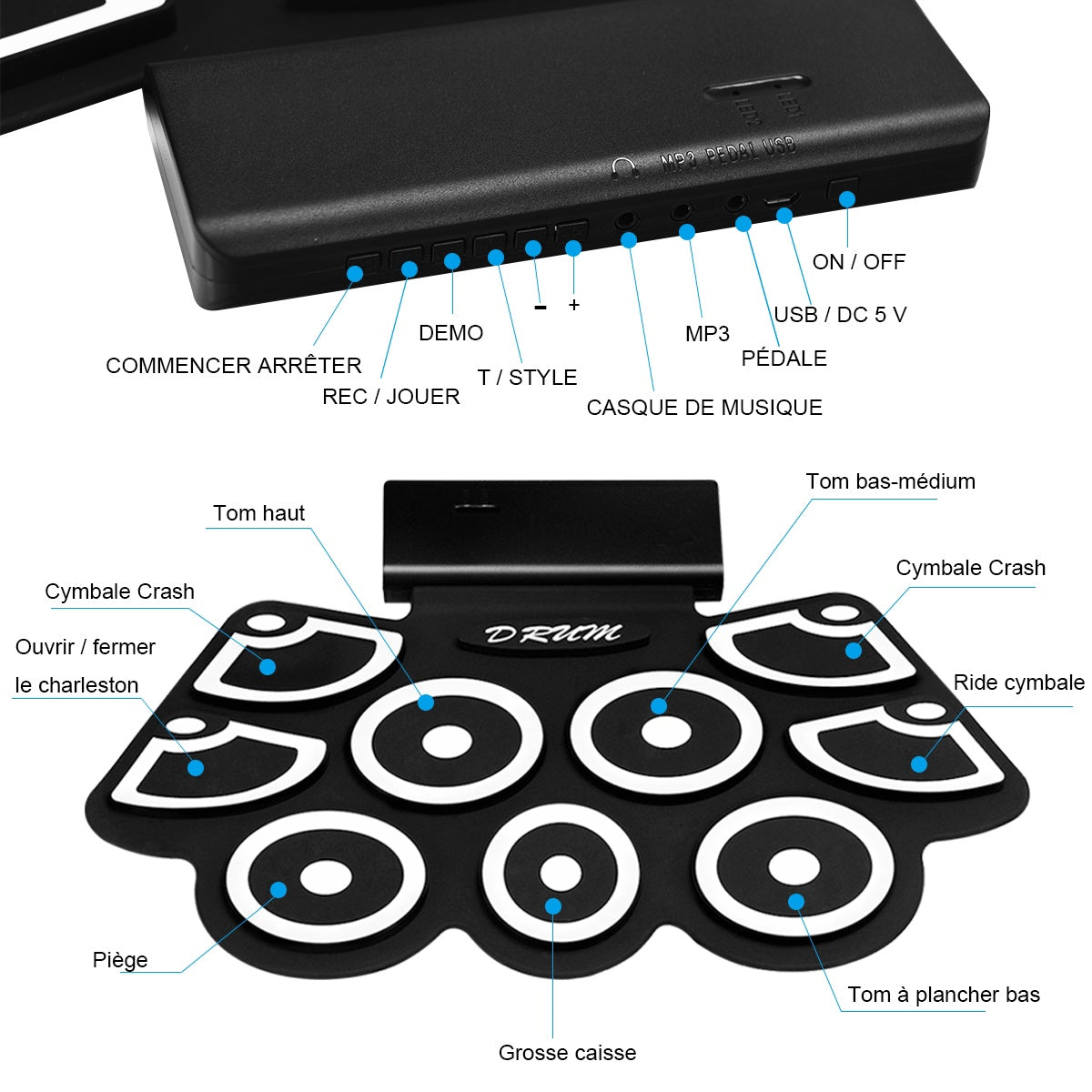 Roll-Up Electronic Drum Pad, USB MIDI, Bluetooth, Headphone Jack