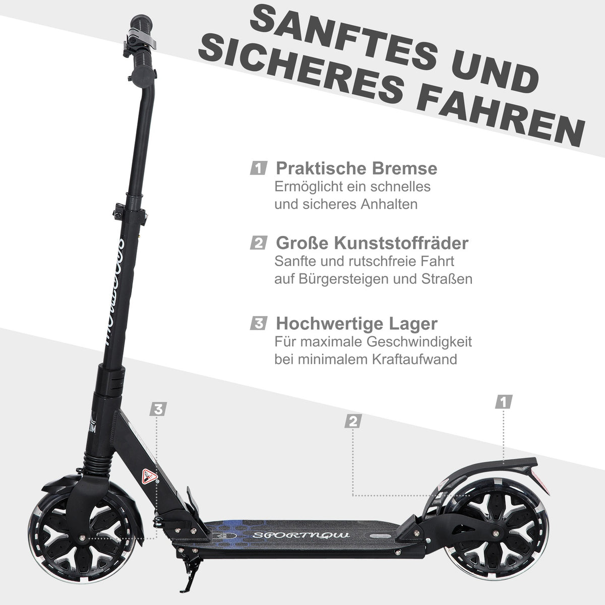 Roller Scooter Kick Scooter 83-102 Cm Height Adjustable From 14 Years Innovative Folding Design With Shock Absorber System, Foot Brake And Carrying Strap